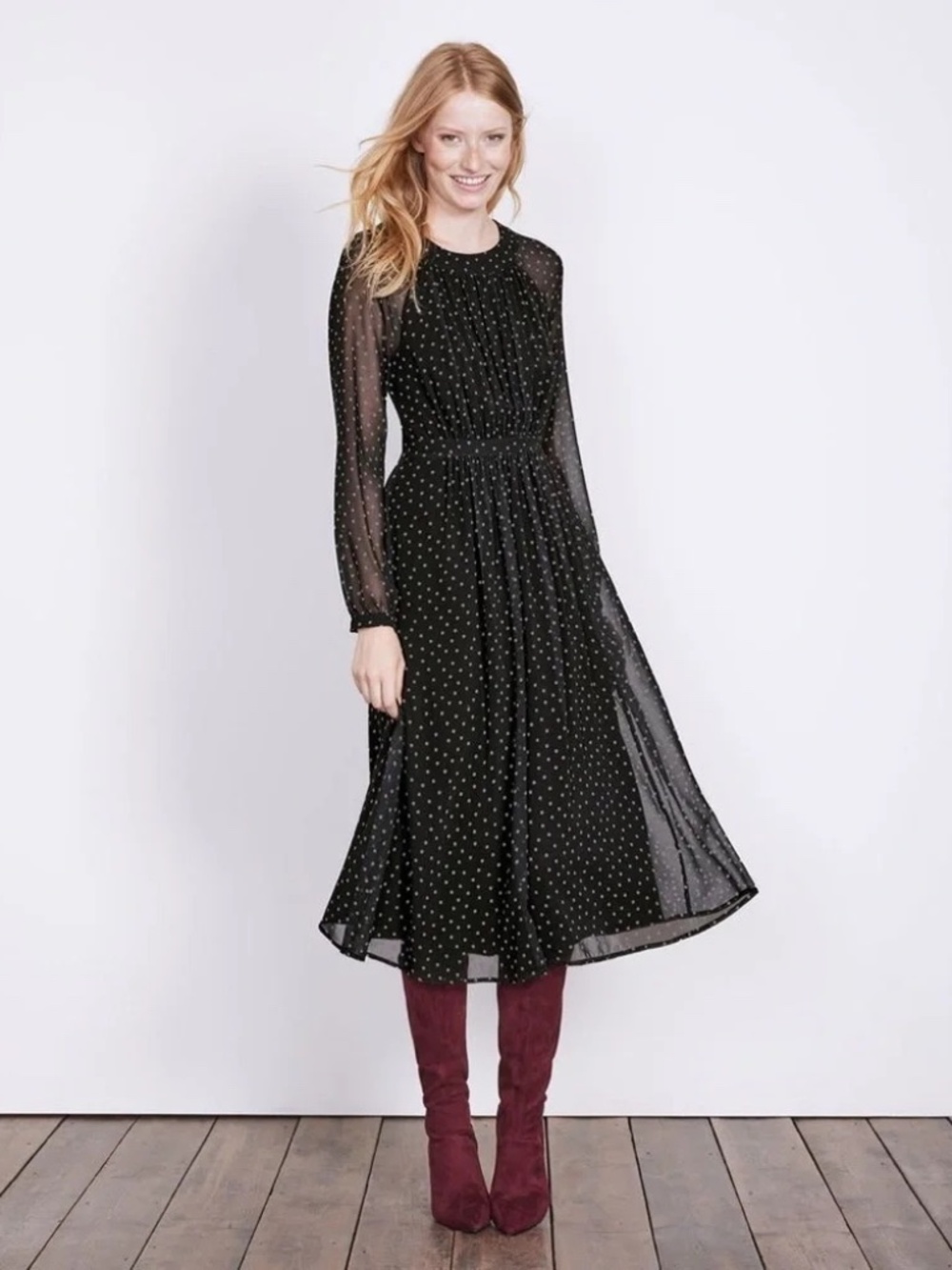 Boden Erica Polka Dot Chiffon Midi Dress Sheer Sleeve Romantic Modest 12 Long